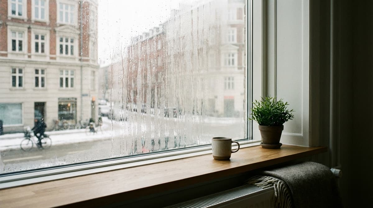 Fugtige vinduer med kondensdråber — Roskilde